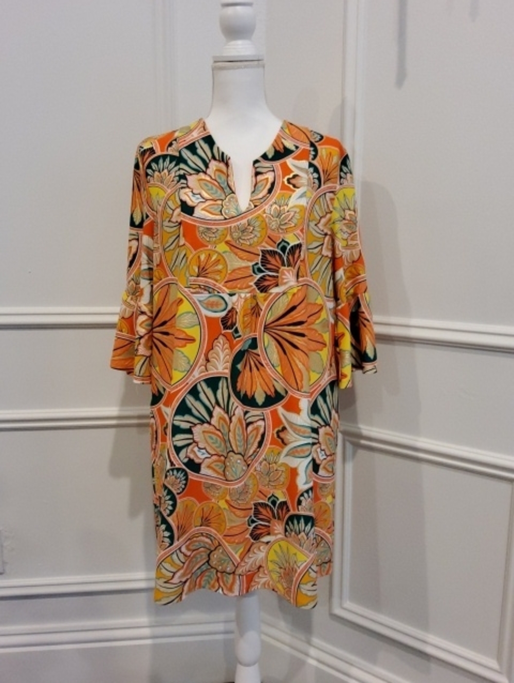 Jude Connally Orange Kerry Stained Glass Coral Gold Floral Print Dress - NWT
